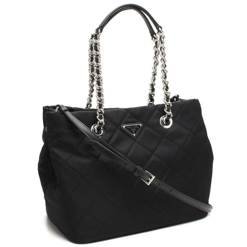 Prada Black Quilted Tessuto Chain Shoulder Bag Tote Black Never worn - Front View