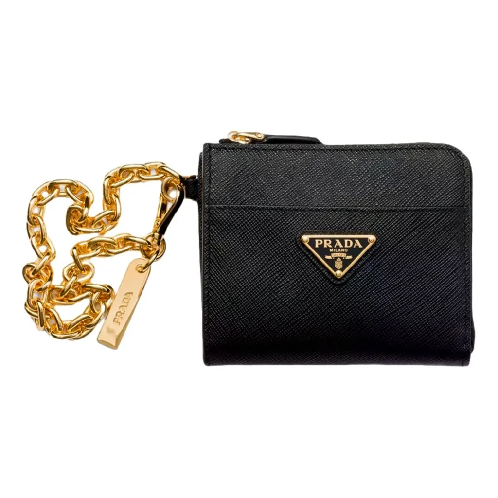 Prada Black Saffiano Leather Small Zip Wallet with Chain Black Leather Never worn - Front View