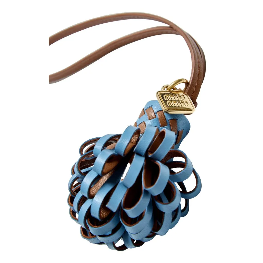 Miu Miu Trick Nappa Leather Pompom Bag Charm in Blue and Brown with Gold Hardware Brown Leather Never worn - Back View
