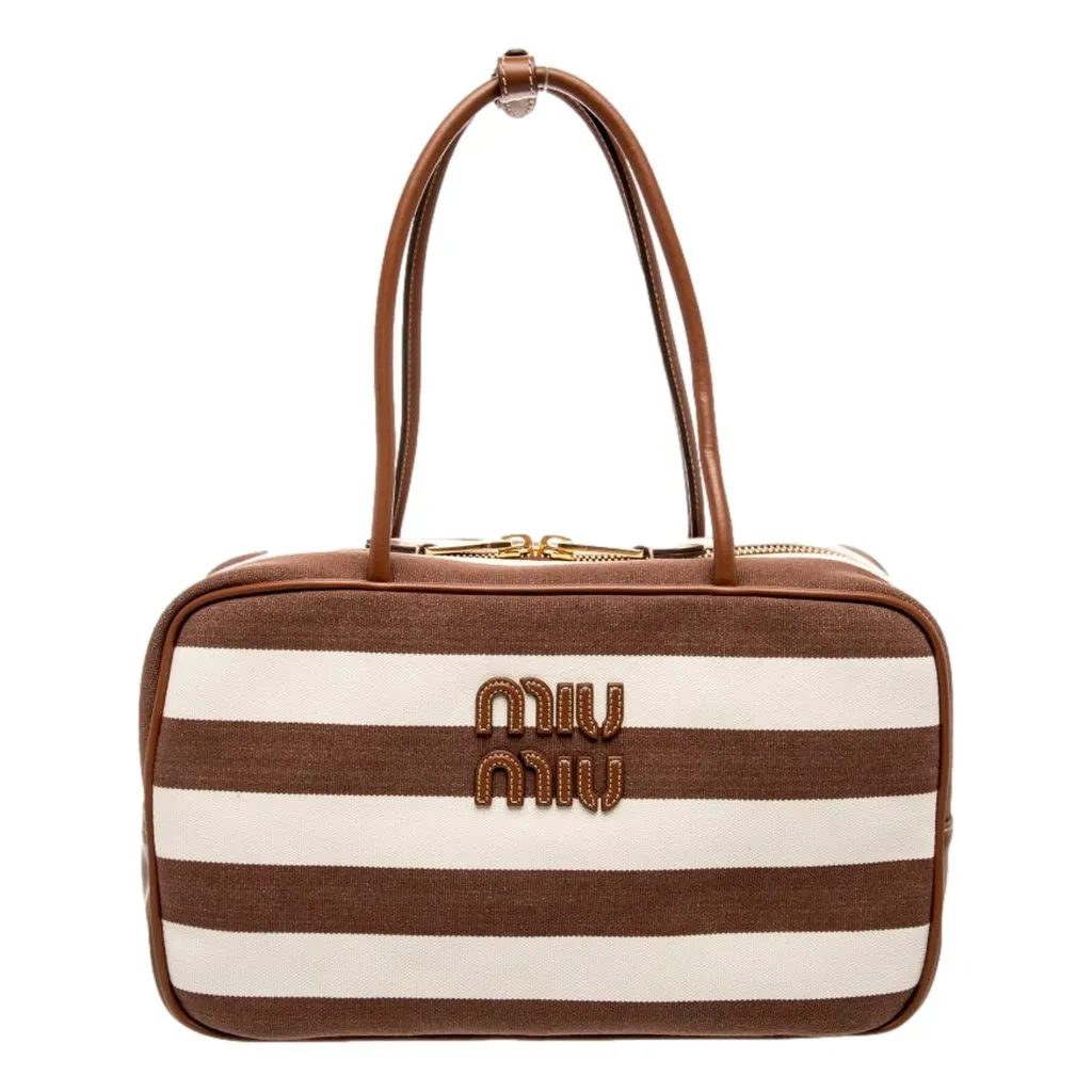 Miu Miu Brown White Striped Canvas Calfskin Large Beau Bag Brown Canvas Never worn - Front View