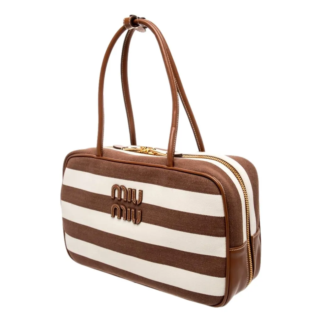 Miu Miu Brown White Striped Canvas Calfskin Large Beau Bag Brown Canvas Never worn - Inside View