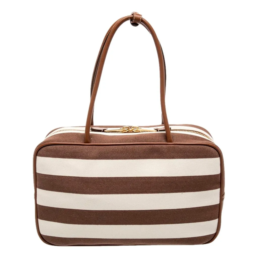 Miu Miu Brown White Striped Canvas Calfskin Large Beau Bag Brown Canvas Never worn - Model View