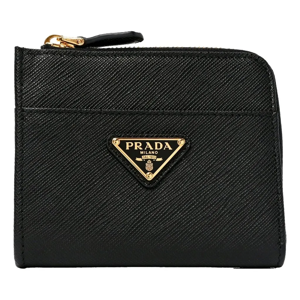 Prada Saffiano Nero Black Triangle Logo Zipper Card Holder Wallet Black Leather Never worn - Front View