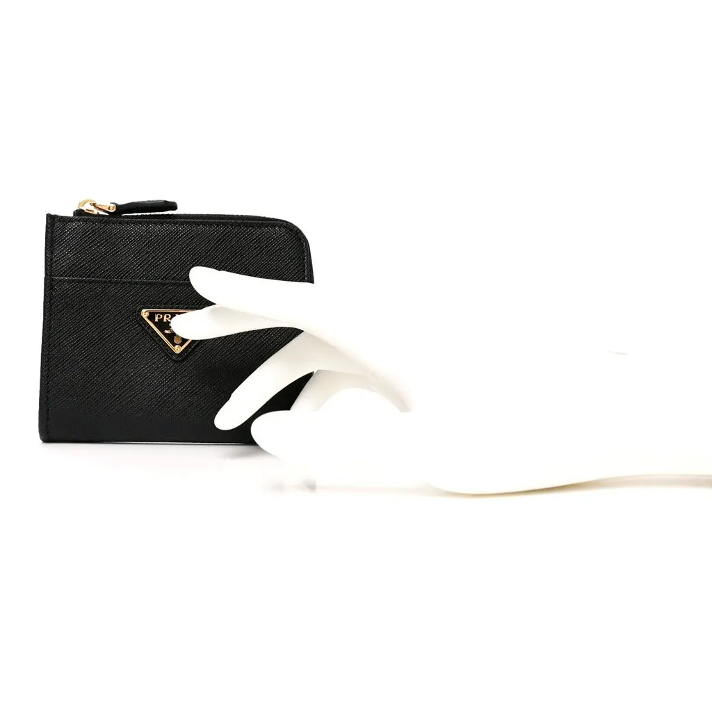 Prada Saffiano Nero Black Triangle Logo Zipper Card Holder Wallet Black Leather Never worn - Model View