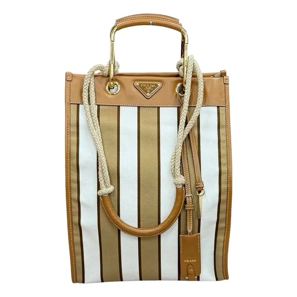Prada Striped Canvas Tote Bag with Tan Leather Trim and Braided Rope Detail Beige Canvas Never worn - Front View