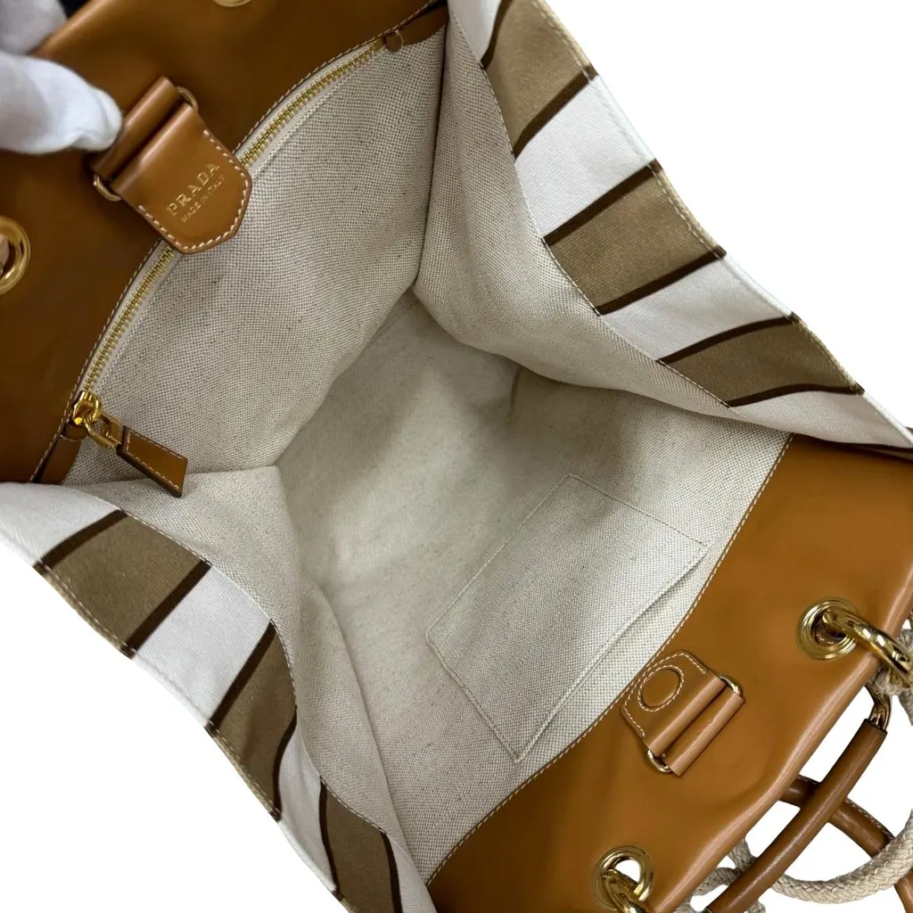 Prada Striped Canvas Tote Bag with Tan Leather Trim and Braided Rope Detail Beige Canvas Never worn - Back View