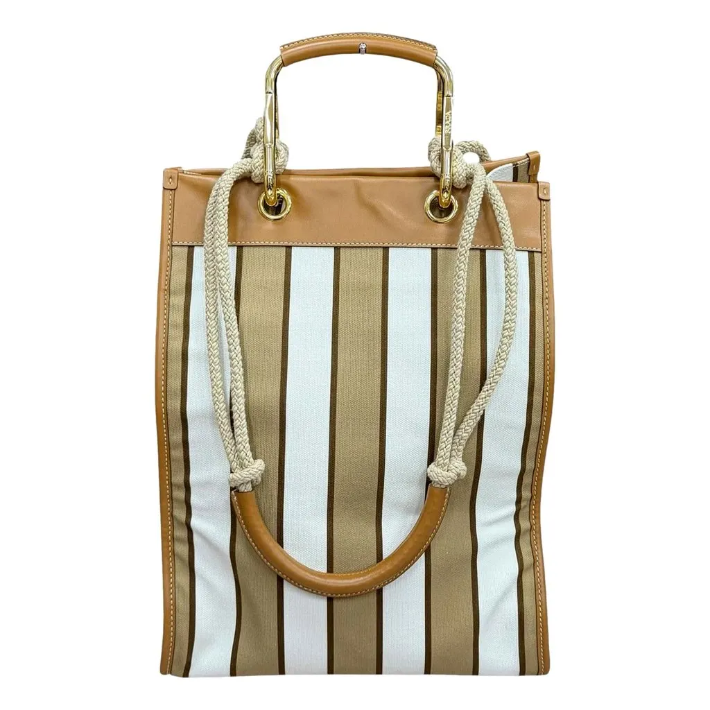 Prada Striped Canvas Tote Bag with Tan Leather Trim and Braided Rope Detail Beige Canvas Never worn - Inside View