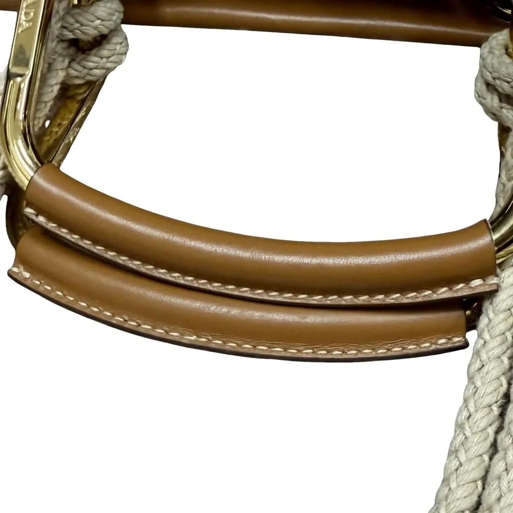 Prada Striped Canvas Tote Bag with Tan Leather Trim and Braided Rope Detail Beige Canvas Never worn - Box View