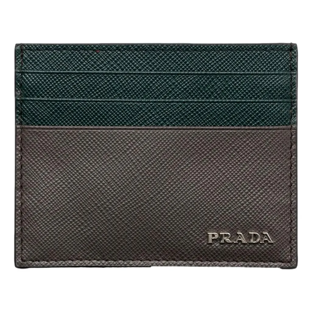 Prada Saffiano Dark Green Gray Leather Small Card Holder Wallet Green Leather Never worn - Front View