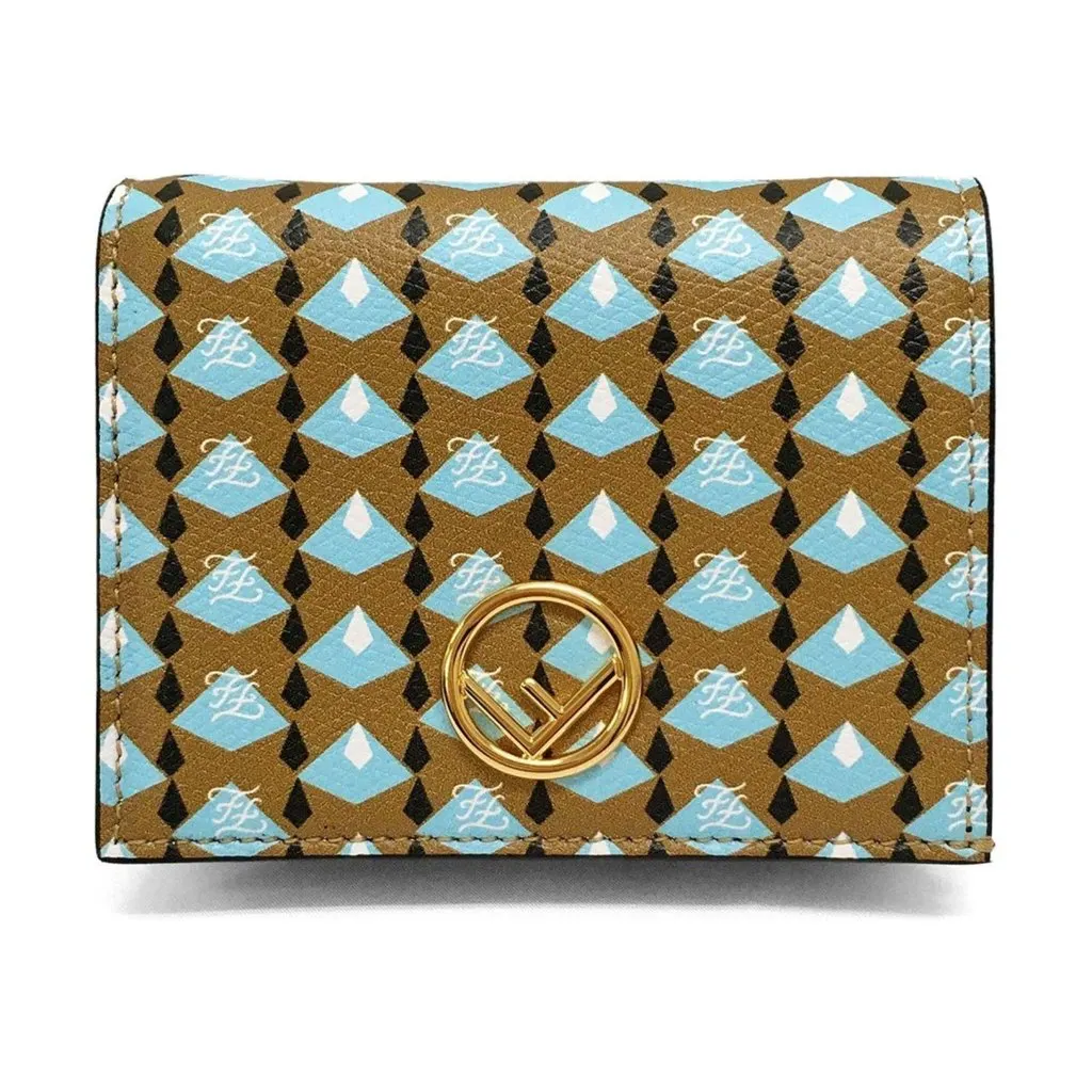 Fendi Calf Leather F Logo Blue Brown Small Bifold Wallet Brown Leather Never worn - Front View