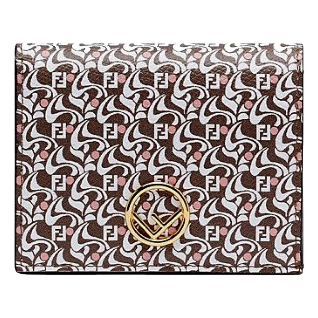 Fendi Calf Leather F Logo Brown Pink Small Bifold Wallet Brown Leather Never worn - Front View