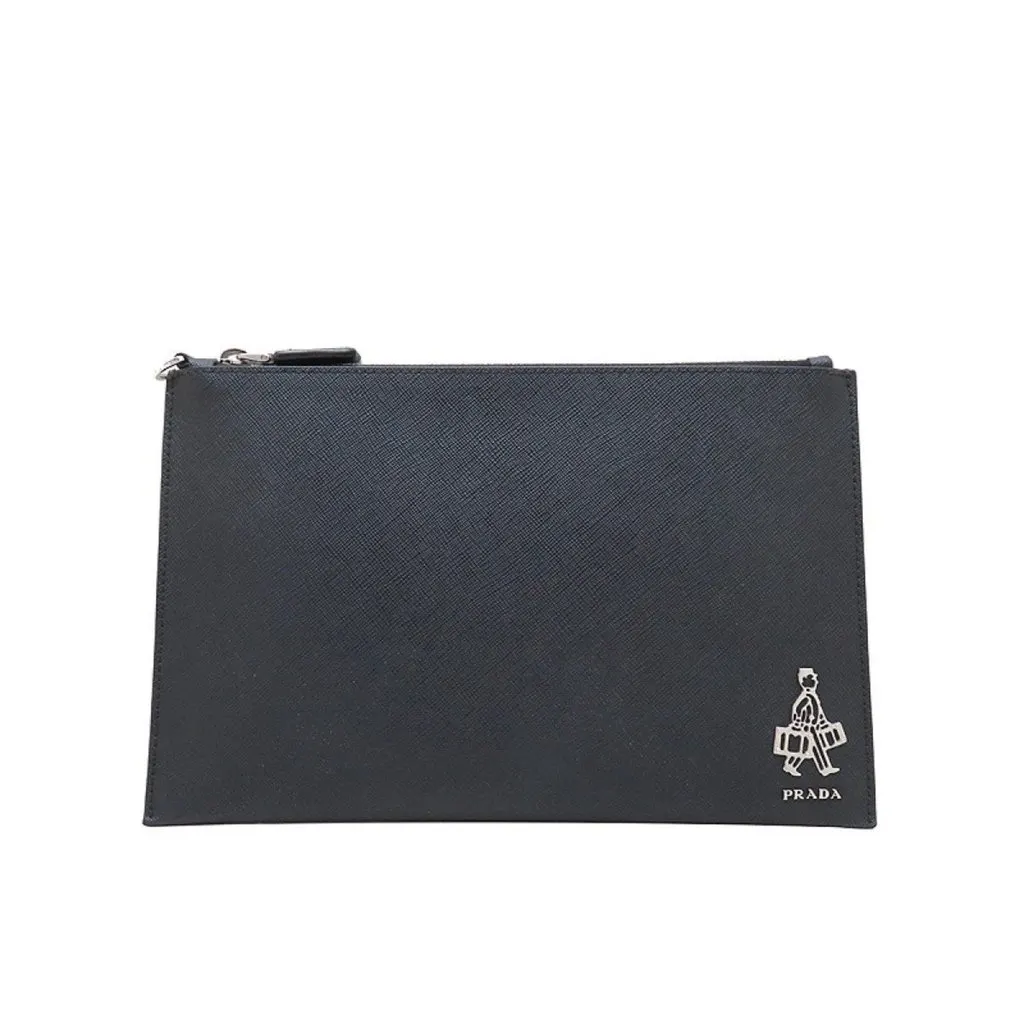 Prada Black Saffiano Voyage Leather Clutch Document Holder Black Leather Never worn - Front View
