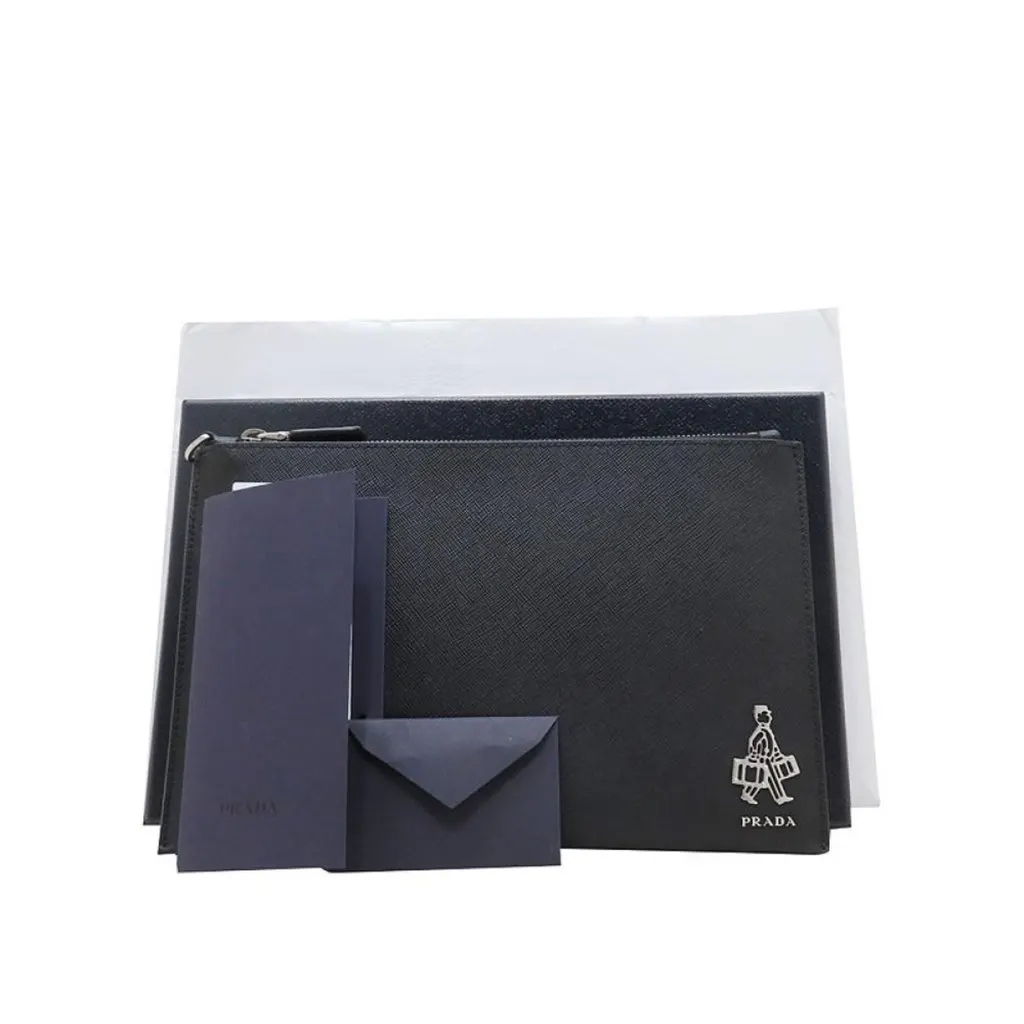 Prada Black Saffiano Voyage Leather Clutch Document Holder Black Leather Never worn - Box View