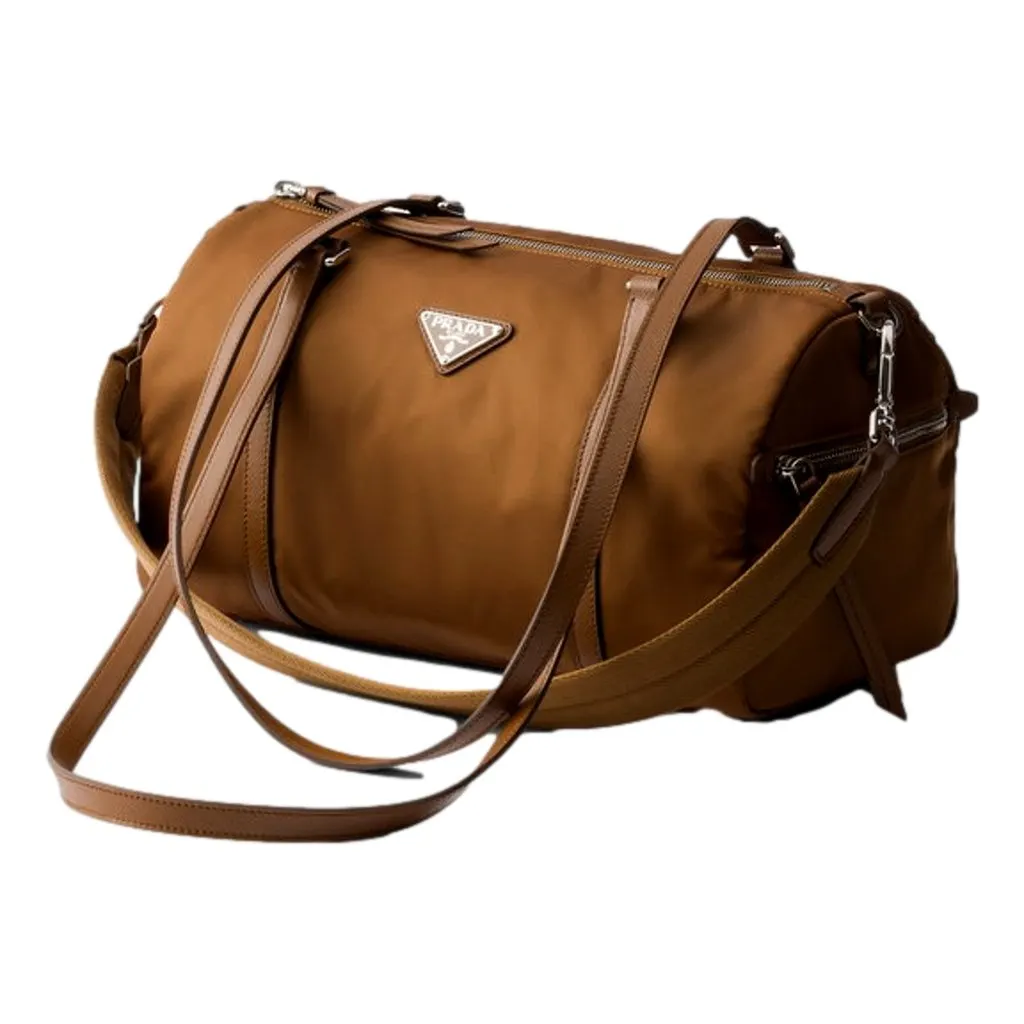 Prada Prada Small Re-Nylon and Saffiano Leather Duffel Bag Brown Brown Leather Never worn - Model View