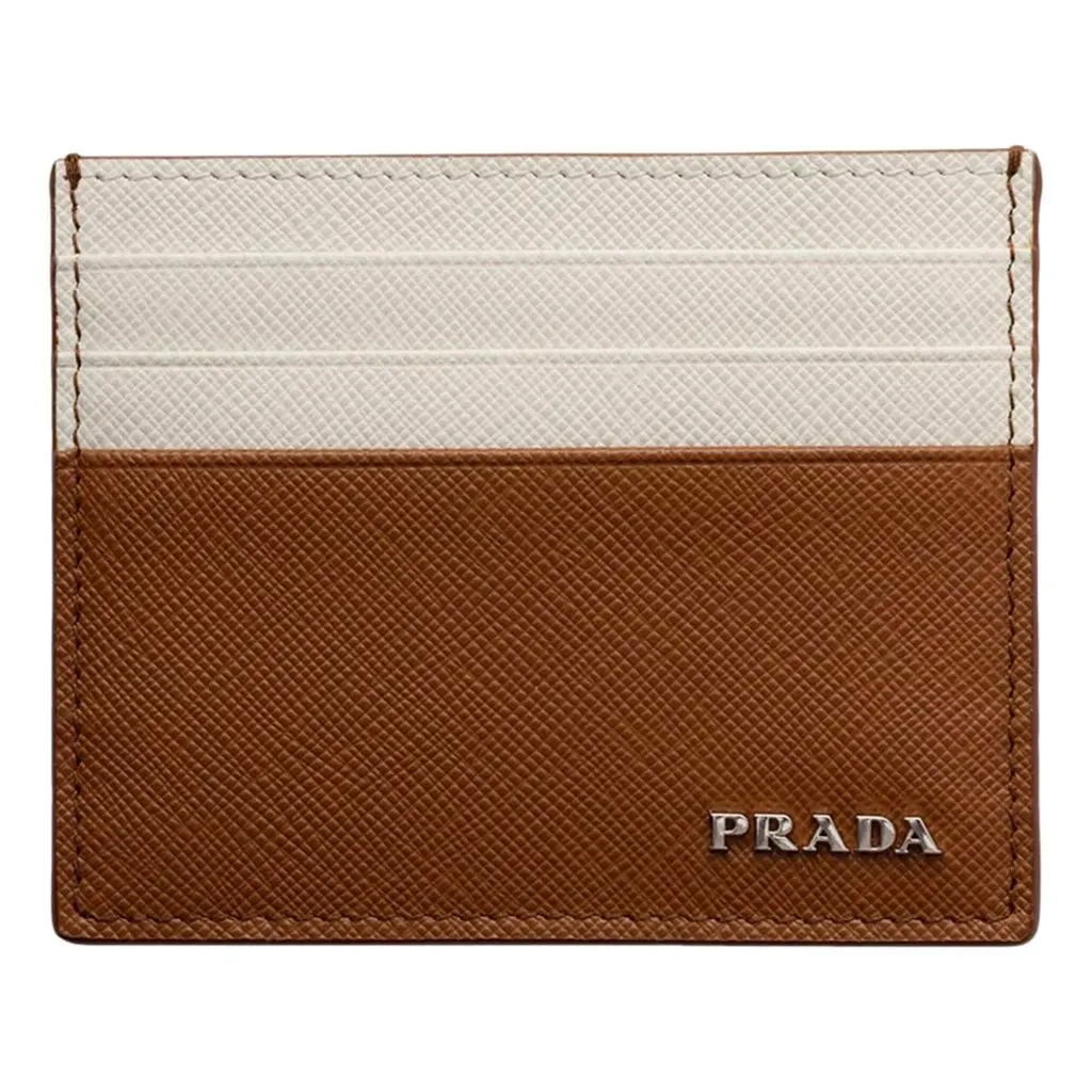 Prada Saffiano Leather Card Holder Wallet Talc White Brown Brown Leather Never worn - Front View