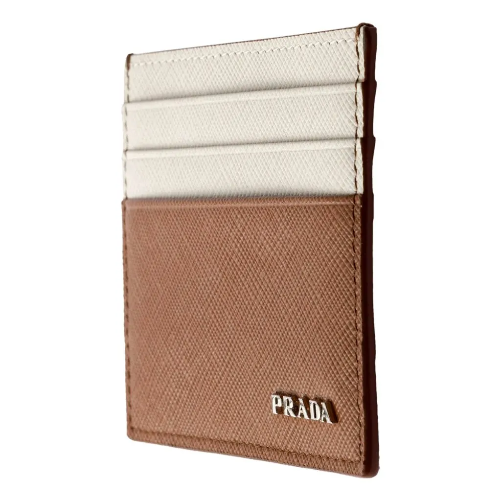 Prada Saffiano Leather Card Holder Wallet Talc White Brown Brown Leather Never worn - Inside View