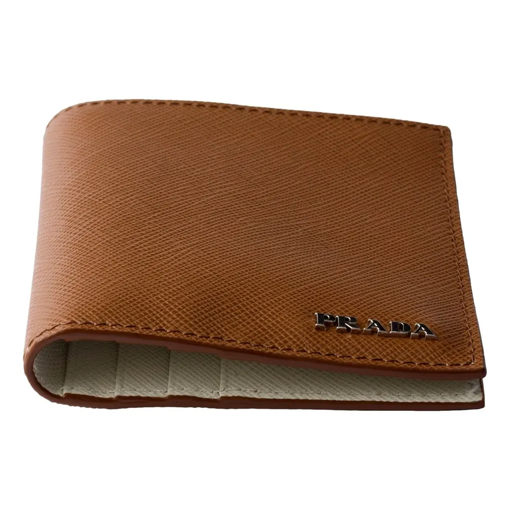 Prada Saffiano Leather Bifold Two Tone Brown White Wallet Brown Leather Never worn - Model View