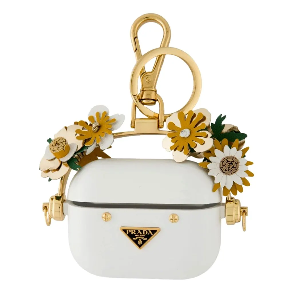 Prada White Floral AirPods Case with Leather Flowers and Gold hardware