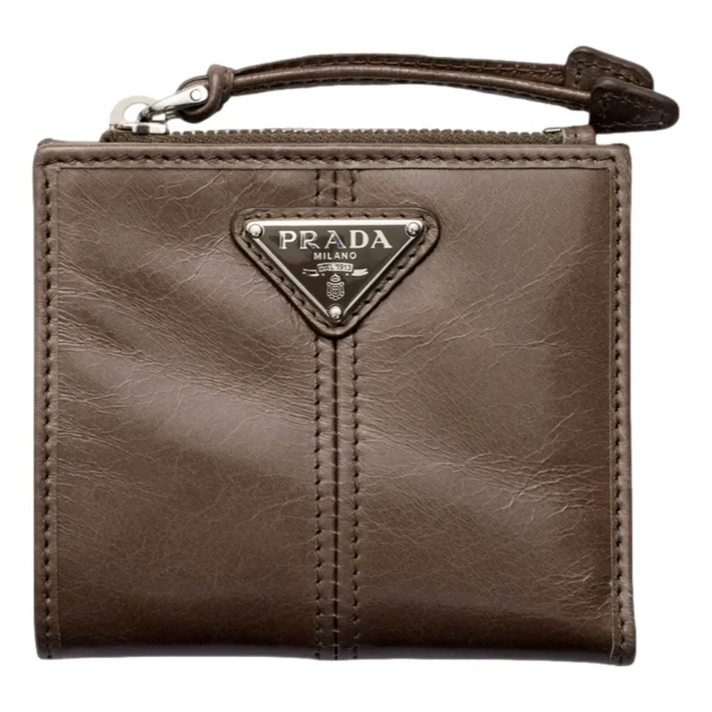 Prada Soft Lux Leather Zipper Bifold Wallet Card Holder Argilla Gray