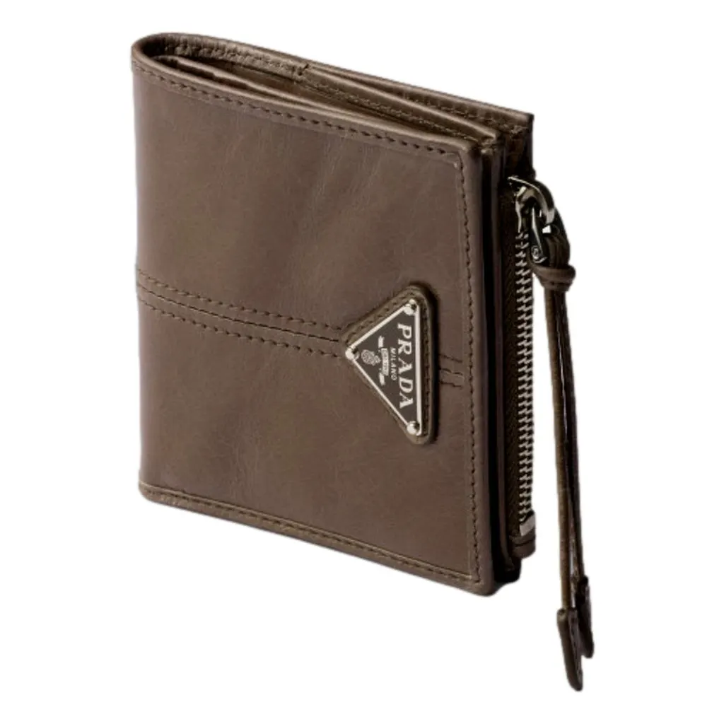 Prada Soft Lux Leather Zipper Bifold Wallet Card Holder Argilla Gray MultiColor Leather Never worn - Model View