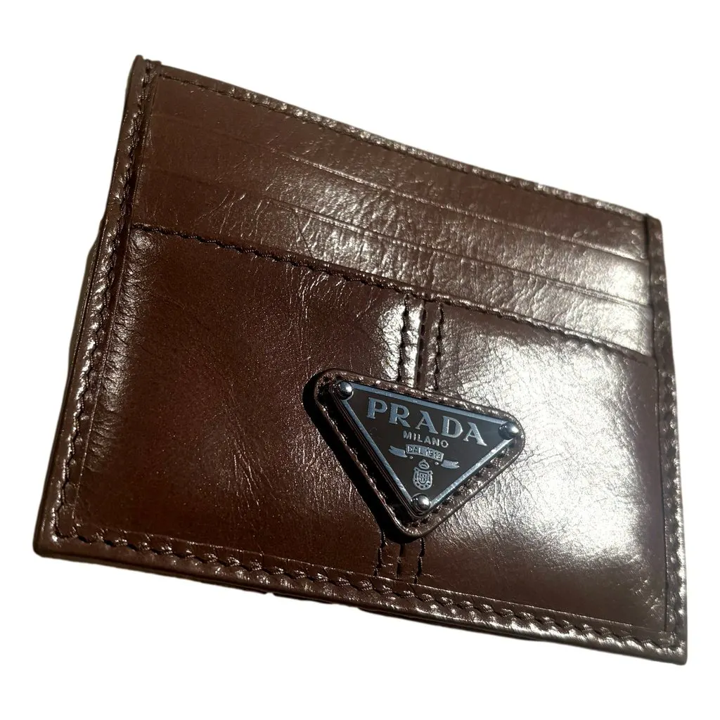 Prada Soft Lux Leather Triangle Logo Card Holder Wallet Argilla Gray Brown Leather Never worn - Back View