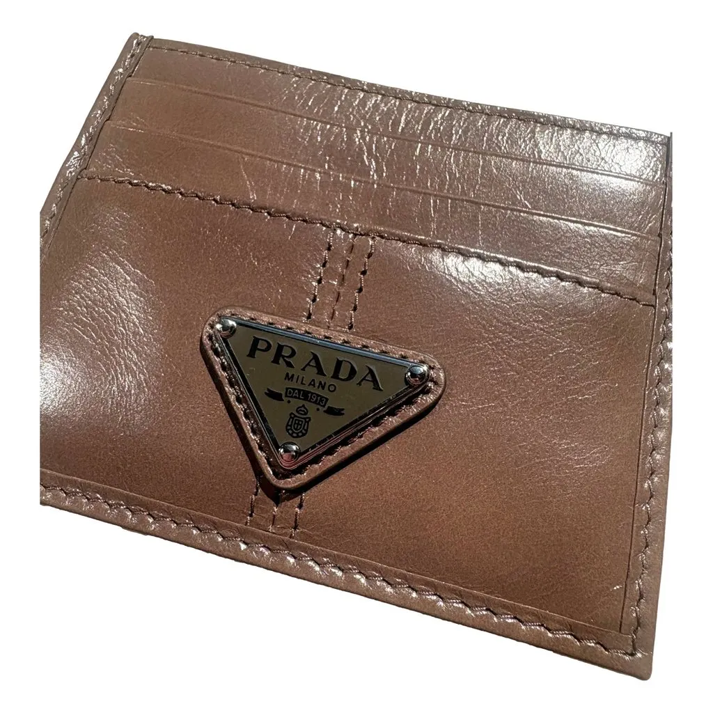 Prada Soft Lux Leather Triangle Logo Card Holder Wallet Argilla Gray Brown Leather Never worn - Box View