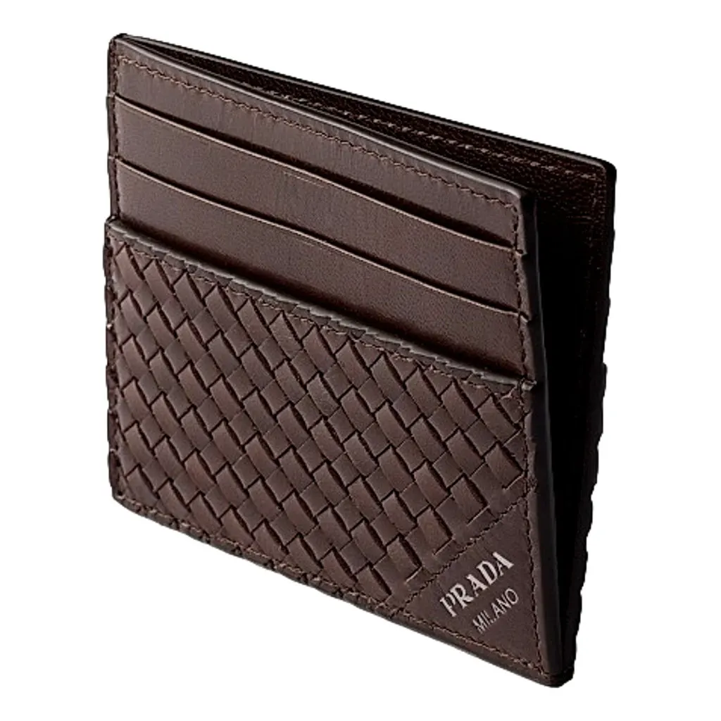 Prada Woven Leather Small Card Case Wallet Dark Brown Brown Leather Never worn - Back View