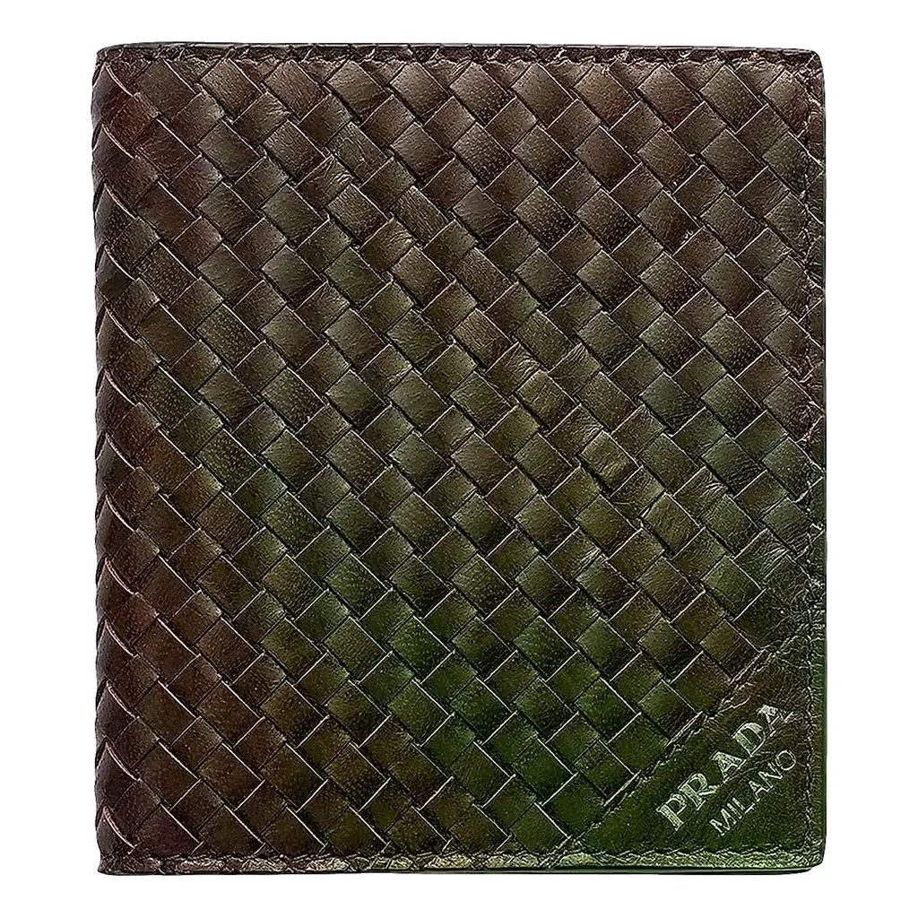 Prada Woven Leather Bifold Wallet Dark Brown