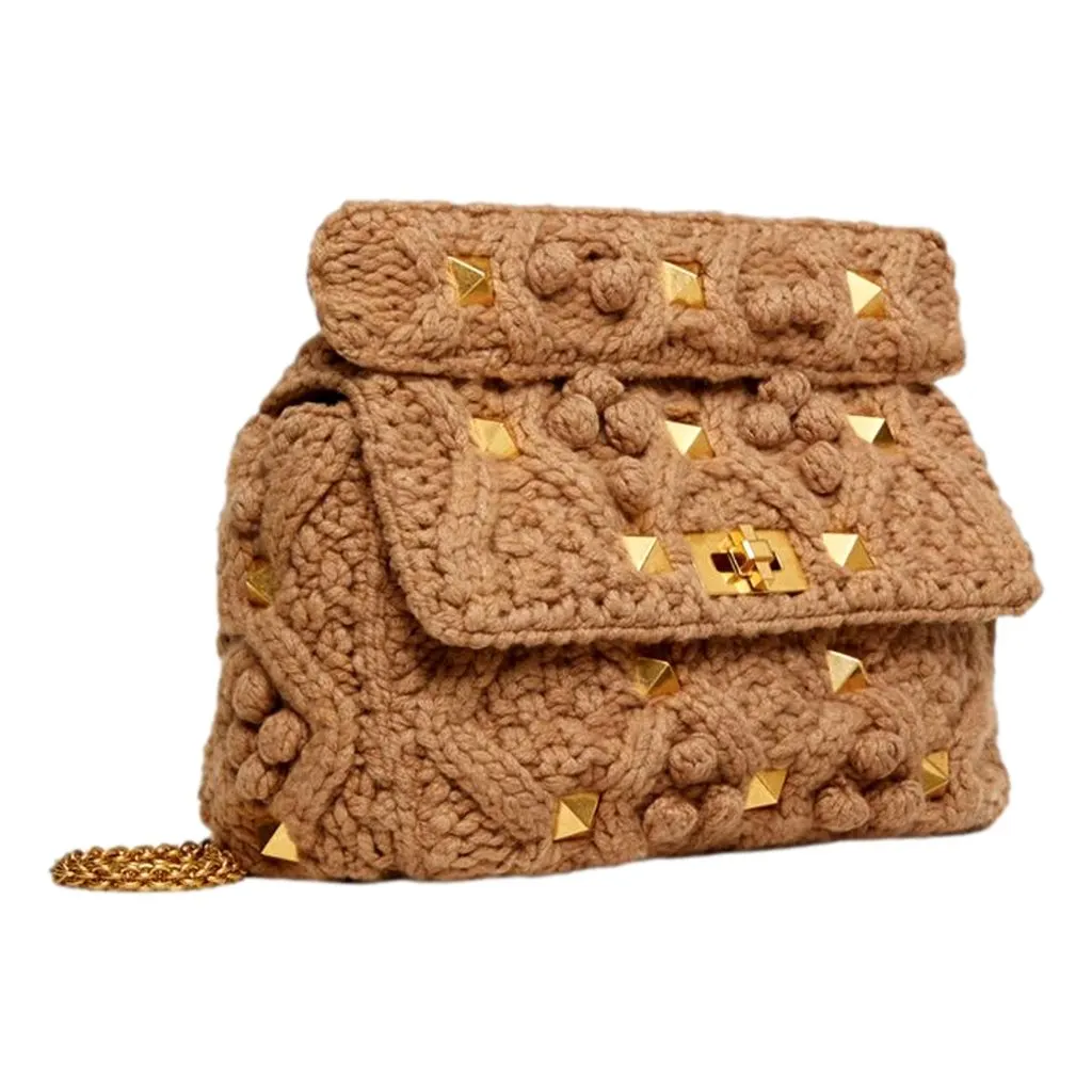 Valentino Roman Stud Large Shoulder Bag Brown Cashmere Knit Gold Hardware Brown Canvas Never worn - Back View
