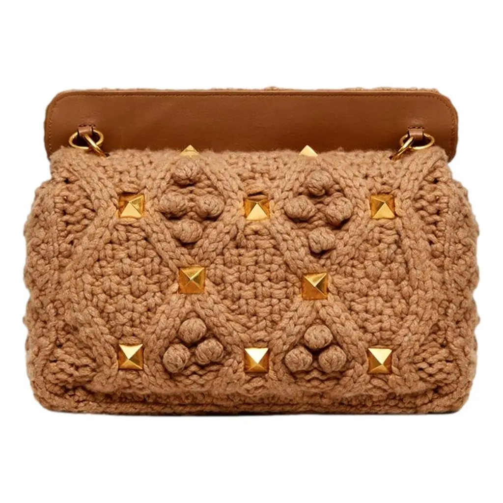 Valentino Roman Stud Large Shoulder Bag Brown Cashmere Knit Gold Hardware Brown Canvas Never worn - Inside View