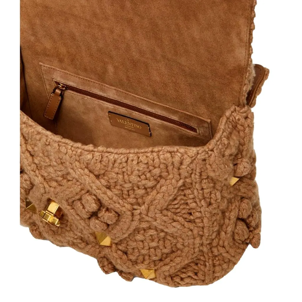 Valentino Roman Stud Large Shoulder Bag Brown Cashmere Knit Gold Hardware Brown Canvas Never worn - Model View