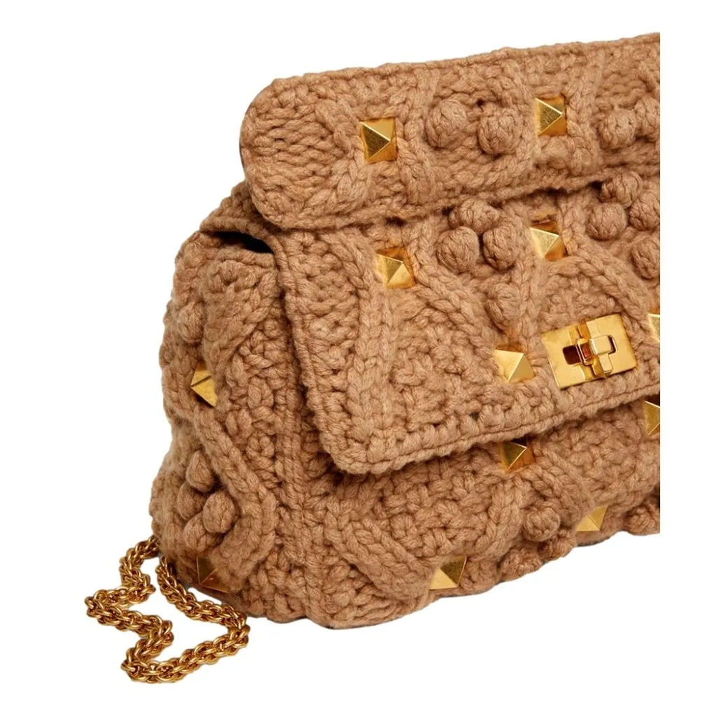 Valentino Roman Stud Large Shoulder Bag Brown Cashmere Knit Gold Hardware Brown Canvas Never worn - Box View
