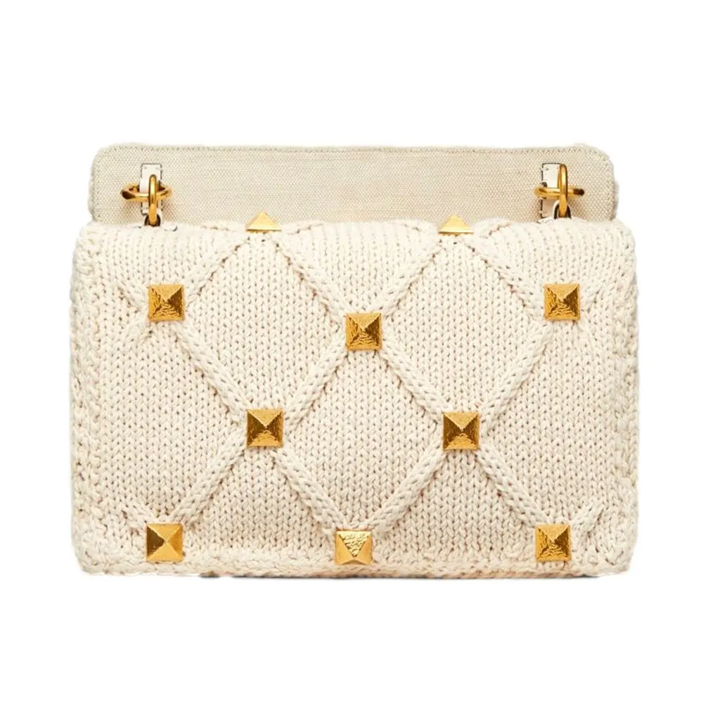 Valentino Roman Stud Large Shoulder Bag Ivory Knit Cashmere White Canvas Never worn - Inside View