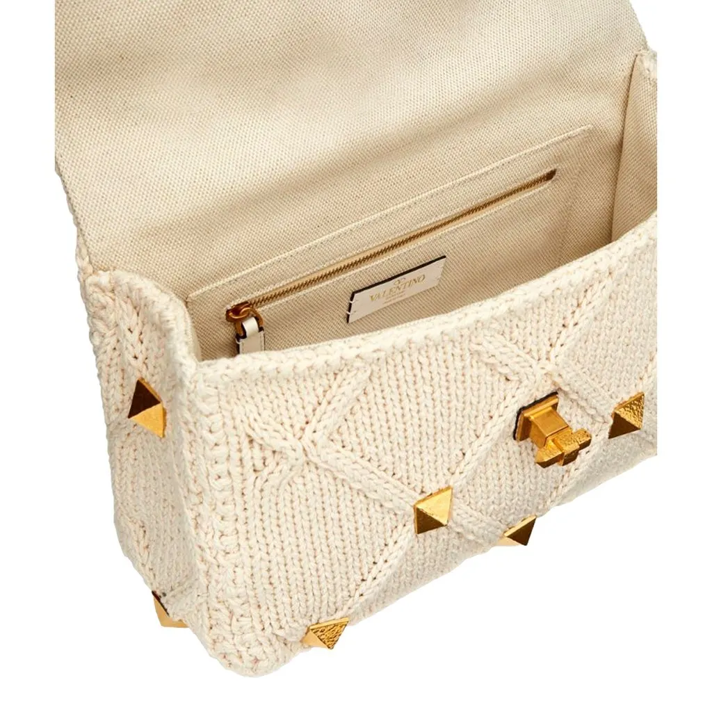 Valentino Roman Stud Large Shoulder Bag Ivory Knit Cashmere White Canvas Never worn - Box View
