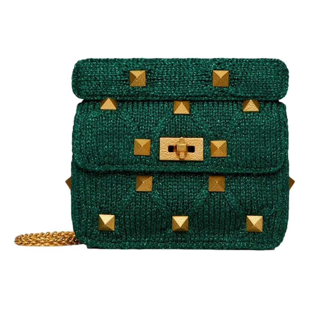 Valentino Roman Stud Medium Shoulder Bag Metallic Green Lurex Green Leather Never worn - Front View