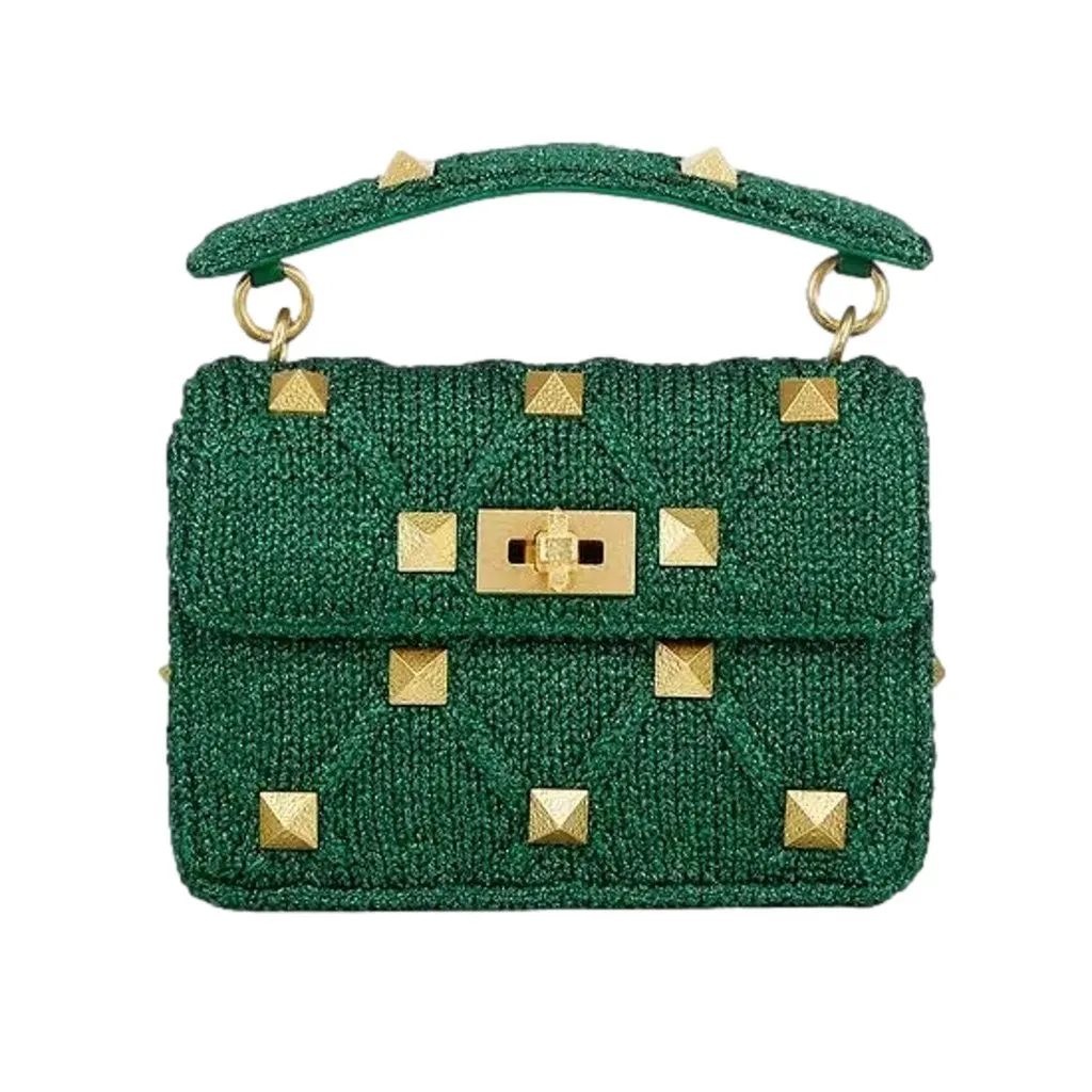 Valentino Garavani Roman Stud Medium Shoulder Bag Metallic Green Lurex Green Leather Never worn - Model View