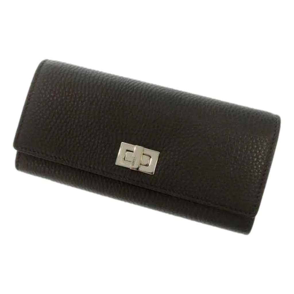 Fendi Peekaboo Turn Lock Black Grained Leather Continental Long Wallet Silver Hardware Green Leather Never worn - Front View