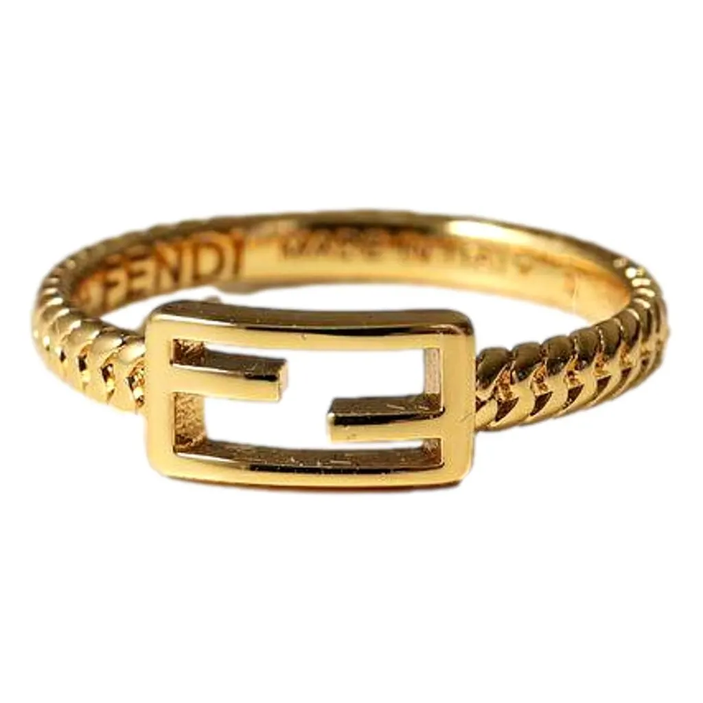 Fendi Baguette FF Logo Ring Gold Tone Twist Metal Band Medium