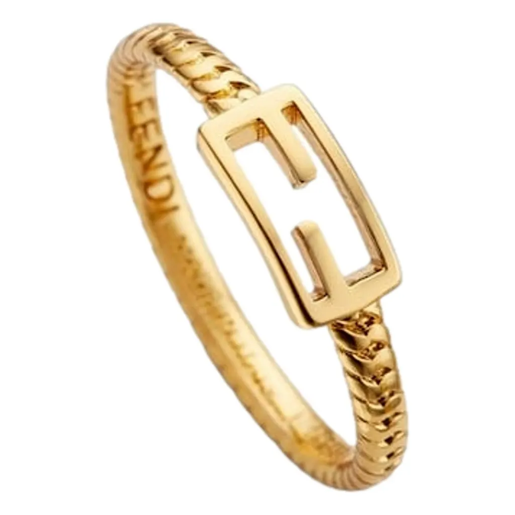 Fendi Baguette FF Logo Ring Gold Tone Twist Metal Band Medium Yellow Never worn - Inside View