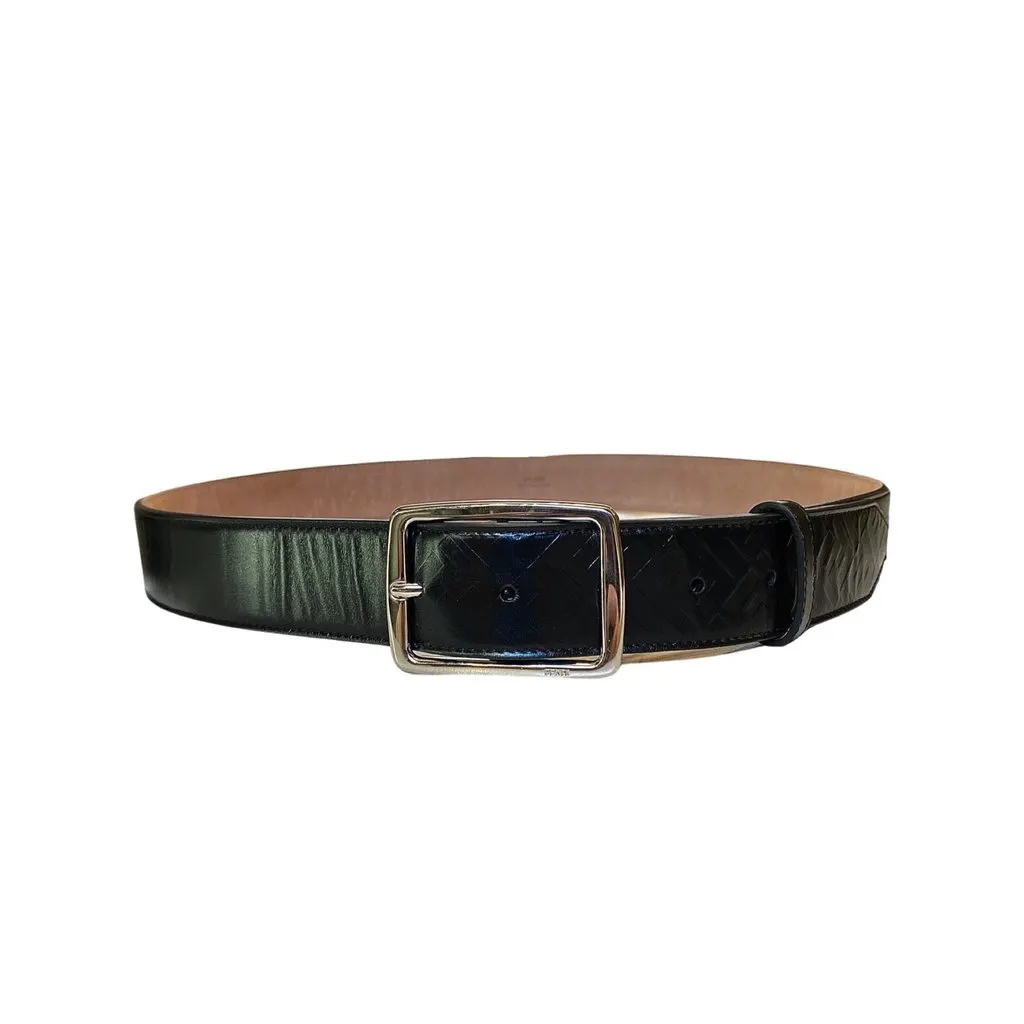 Fendi Silver Buckle Smooth Black Calf Leather Belt 100 Black Leather Never worn - Front View