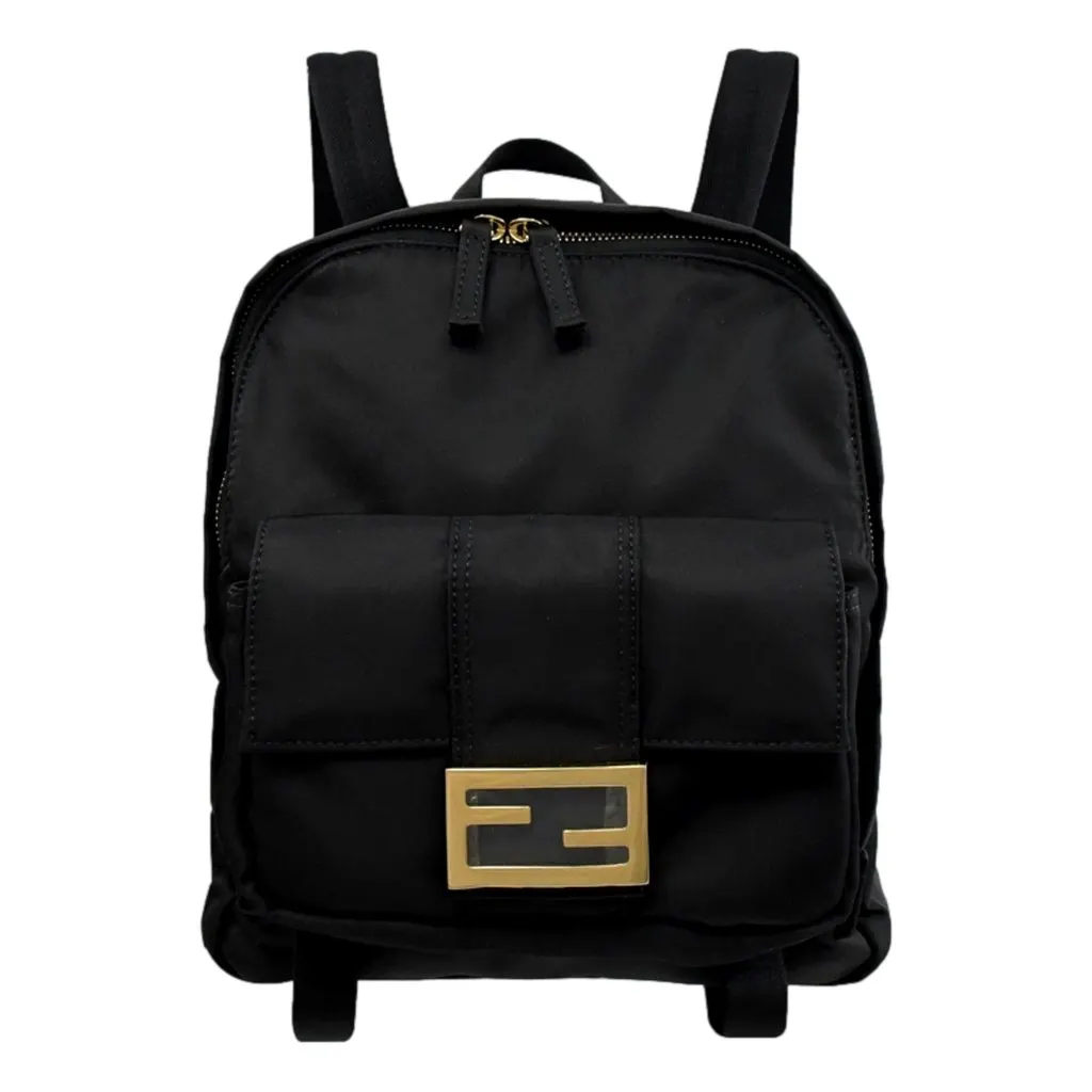 Fendi Baguette Black Nylon Small Backpack Travel Bag Gold Logo Black Never worn - Front View