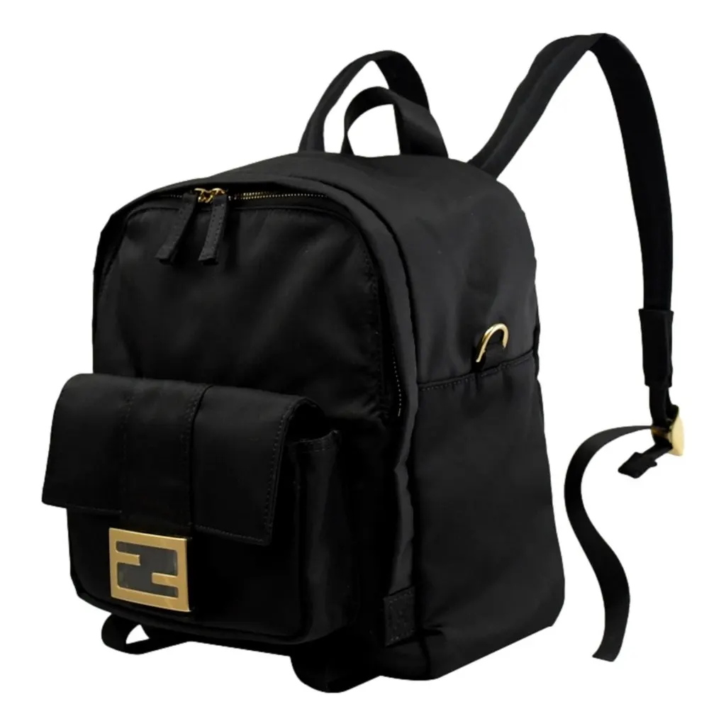Fendi Baguette Black Nylon Small Backpack Travel Bag Gold Logo Black Never worn - Back View