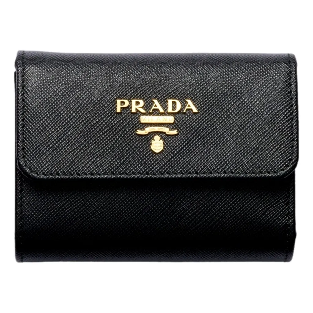 Prada Saffiano Leather Black Hibiscus Multicolor Trifold Coin Zipper Card Snap Wallet Black Leather Never worn - Front View