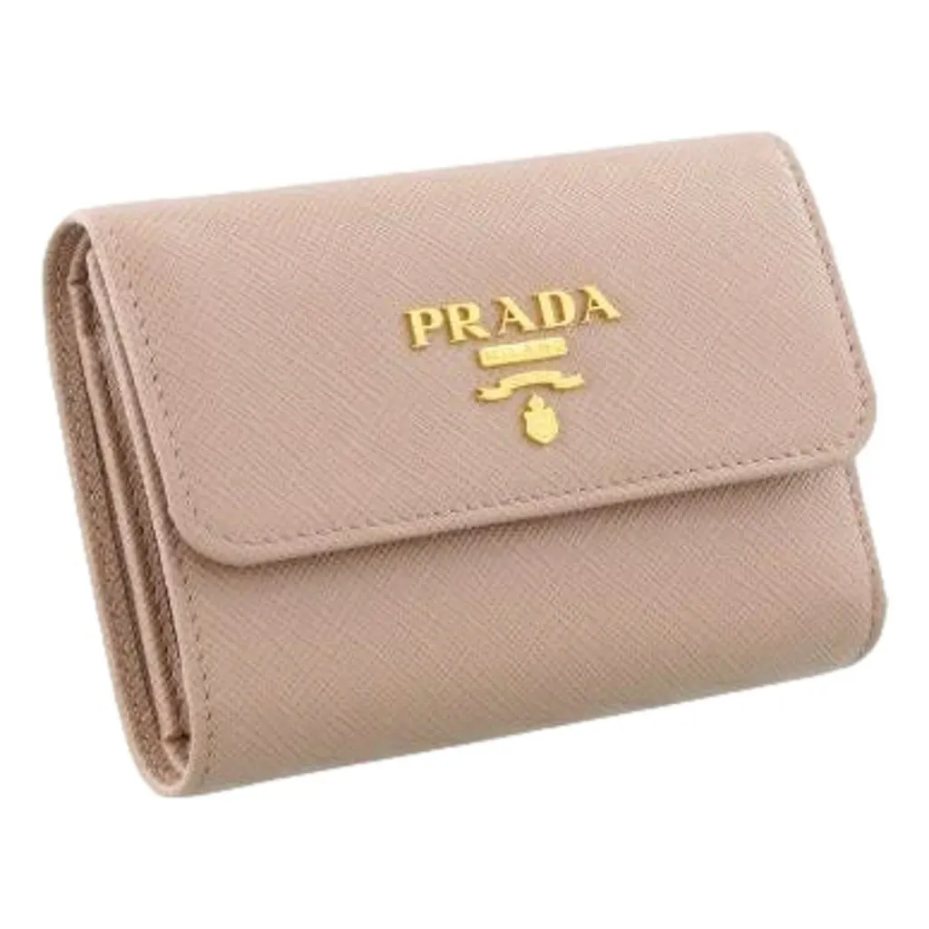 Prada Saffiano Leather Trifold Coin Zipper Card Snap Wallet Cipria Beige