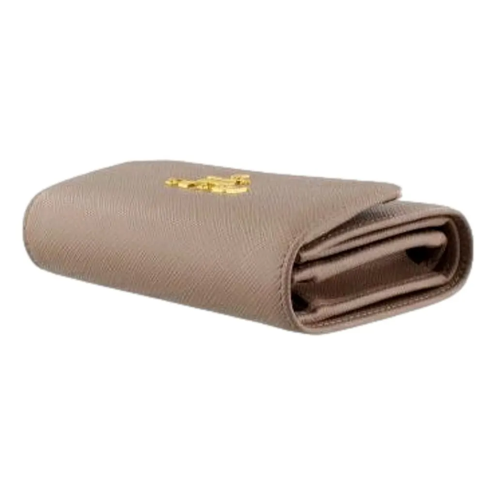 Prada Saffiano Leather Trifold Coin Zipper Card Snap Wallet Cipria Beige Brown Leather Never worn - Inside View