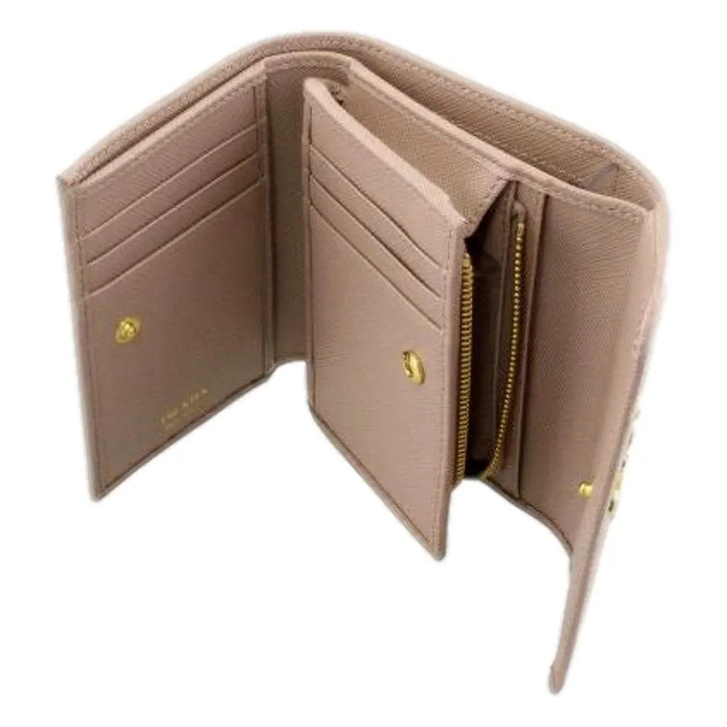 Prada Saffiano Leather Trifold Coin Zipper Card Snap Wallet Cipria Beige Brown Leather Never worn - Model View