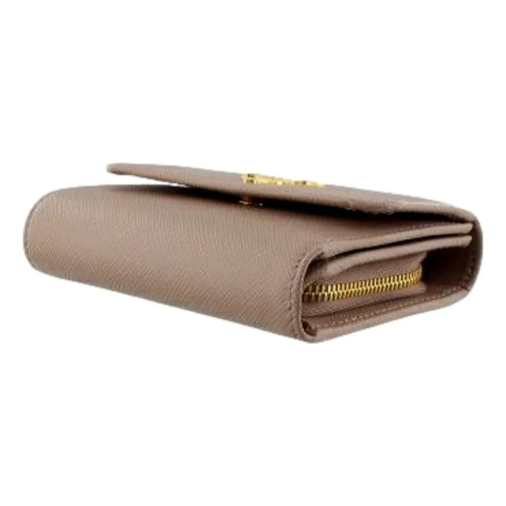Prada Saffiano Leather Trifold Coin Zipper Card Snap Wallet Cipria Beige Brown Leather Never worn - Box View
