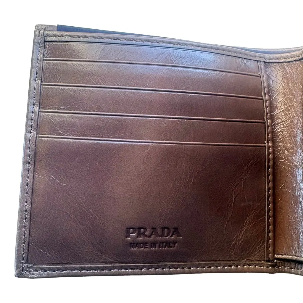 Prada Soft Lux Leather Triangle Logo Bifold Wallet Argilla Gray Brown Leather Never worn - Box View