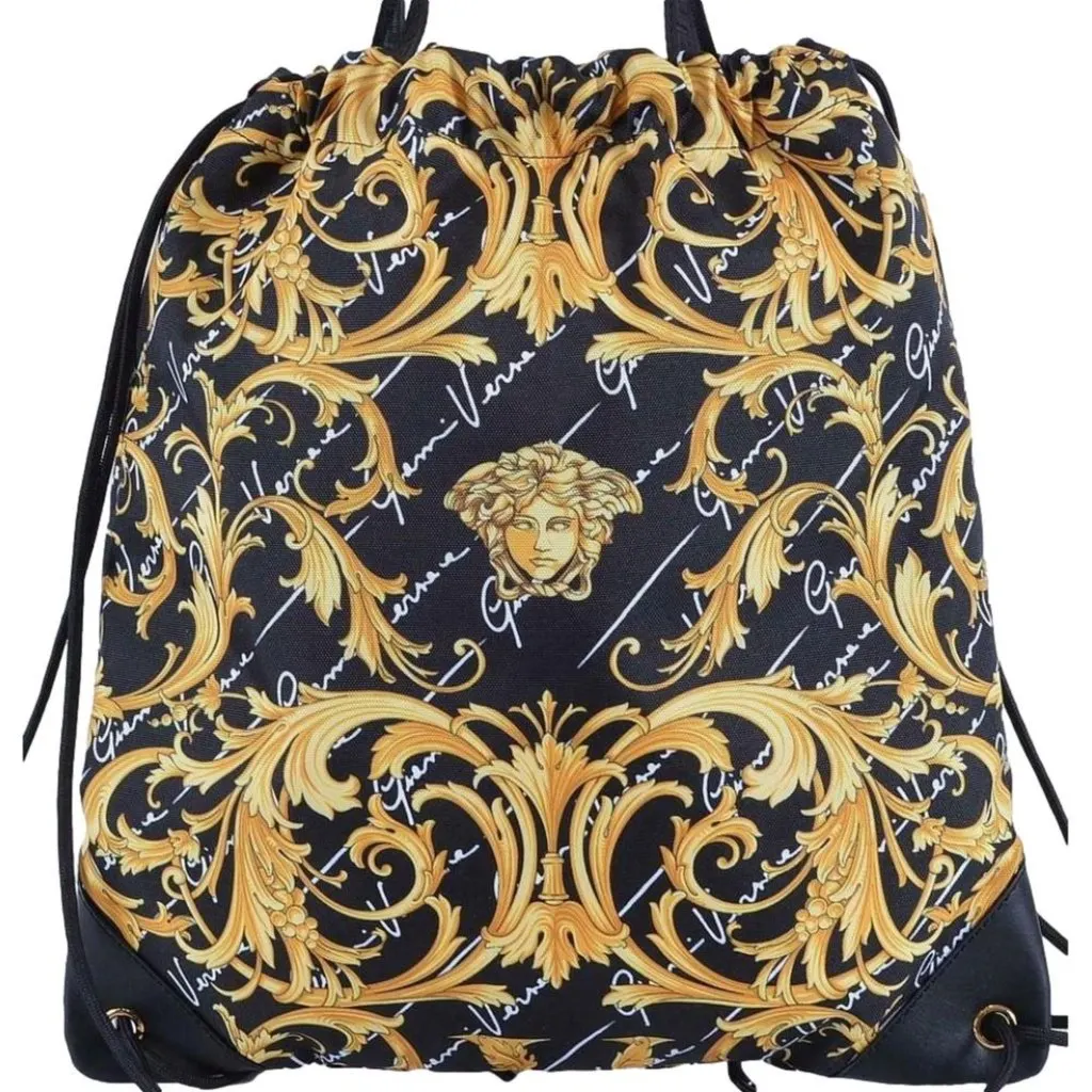 Versace Barocco Print Drawstring Backpack Black Nylon La Medusa Logo Black Leather Never worn - Box View