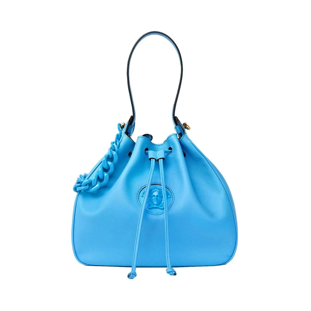 Versace La Medusa Blue Textured Leather Bucket Bag Gold Hardware Chain Strap Blue Leather Never worn - Front View